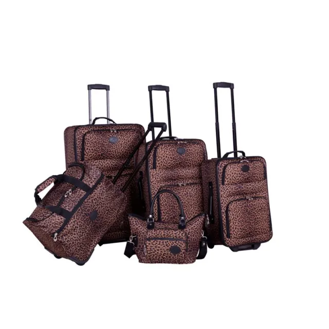 American Flyer Animal Print Fabric 5 Piece Luggage Set in Leopard & Brown