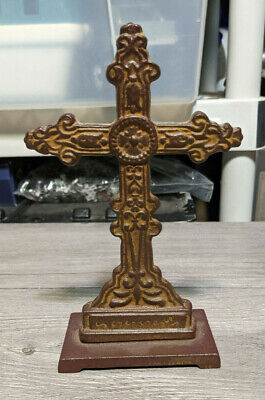 6.75" Cast Iron Metal Ornate Table Top Cross Crucifix Religious Art Decoration