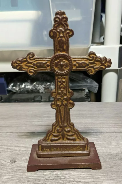 6.75" Cast Iron Metal Ornate Table Top Cross Crucifix Religious Art Decoration
