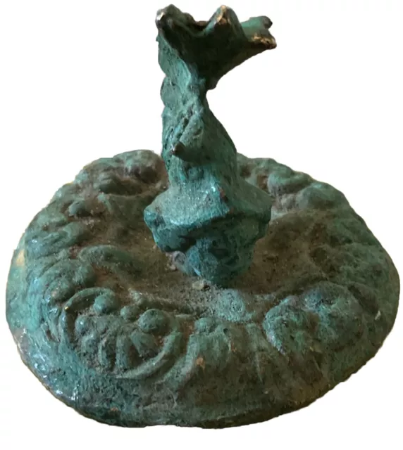 A Very Old Bronze Lid Roman Type Green Patina With Fish/Man (?) Finial