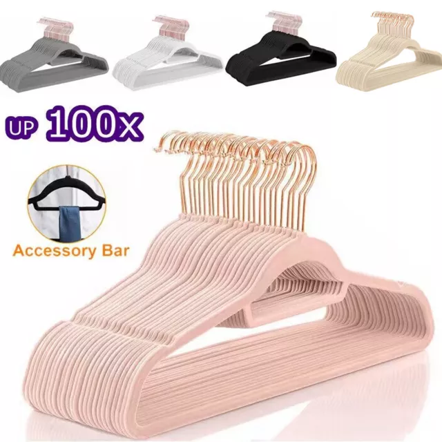 UP 100Pcs Flocked Velvet Clothes Hangers w/ Tie Bar Non Slip Thin Coat Hanger