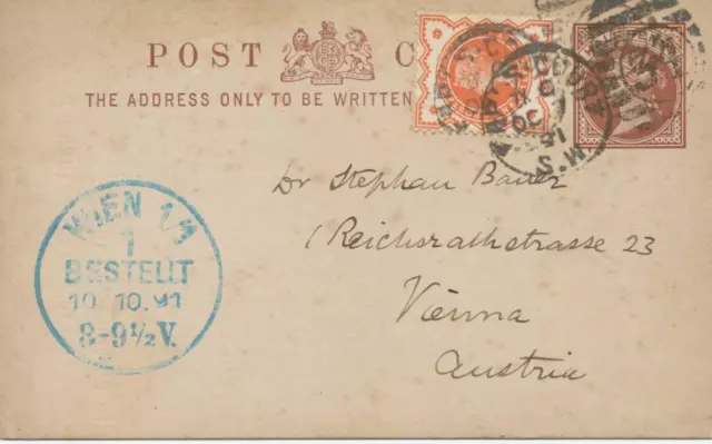 GB 1891 QV 1/2d brown fine thick postcard w private printing uprated Jubilee 1/2