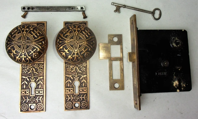 Antique Door Set Victorian / Eastlake Backplate Knob Mortise Lock Key Reclaimed
