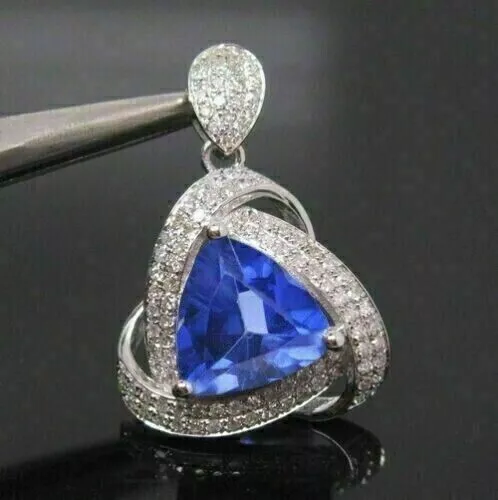 2.5 Ct Trillion Simulated Tanzanite Halo Pendant Necklace 14k White Gold Plated