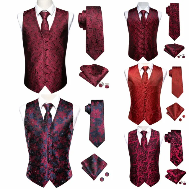 Set cravatta da uomo rosso paisley floreale senza maniche gilet di seta formale