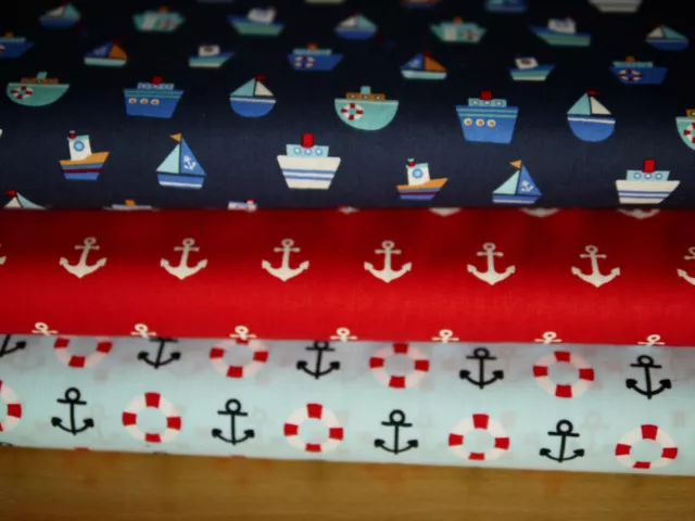 maritimes Stoffpaket ANKER, Schiffe 100% Baumwollstoff, Popeline, 3 x 25x145 cm