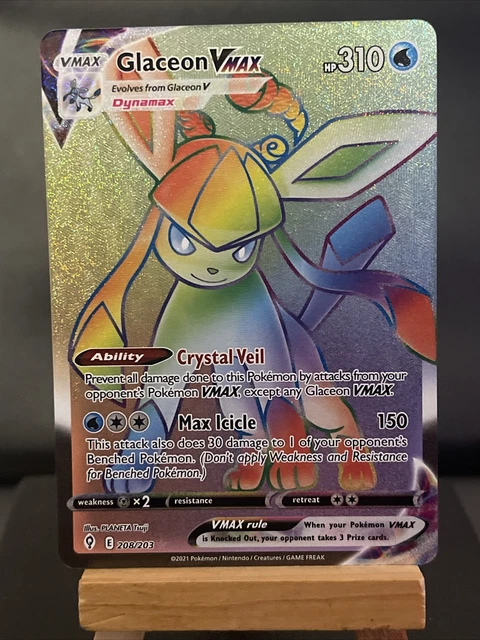 Pokémon Karte Glaceon VMAX 208/203 Regenbogen Full Art Secret seltener sich entwickelnder Himmel Neuwertig