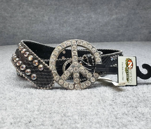 Nocona Womens Peace Sign Belt Black Genuine Leather Rhinestones Adjustable L