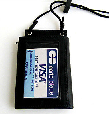 Black Leather ID CARD Holder Neck Strap Travel Work Pouch Wallet RFID Blocking 3