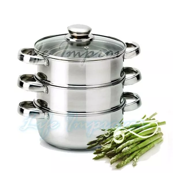 3 Pièces 22 Cm Ensemble Vapeur Alimentaire Couvercle En Verre 3 Niveaux Poêle De Cuisine Ustensiles De Cuisine
