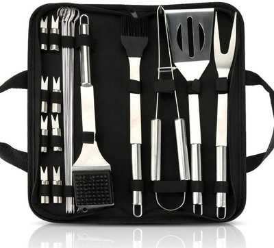 Cadeau pour hommes avec gants et tapis de barbecue Pour le jardin et le camping Accessoires de barbecue En acier inoxydable de qualité supérieure NAUDILIFE Lot de 20 ustensiles de barbecue 