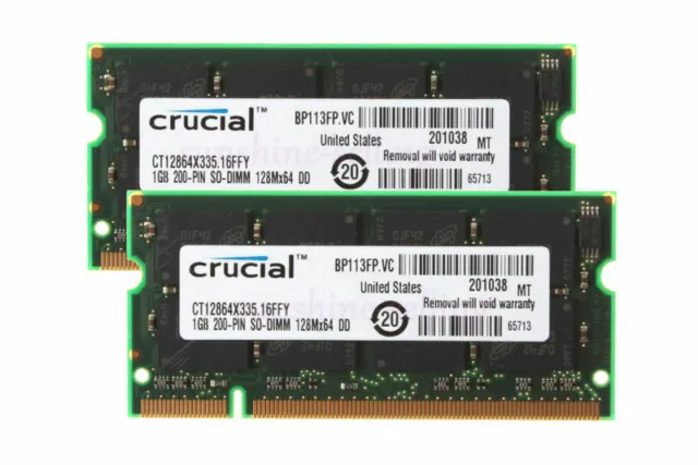 2GB Crucial 2X 1GB PC2700 DDR 333MHz 200Pin Sodimm Memory Laptop RAM 1 Gx2 CL2.5