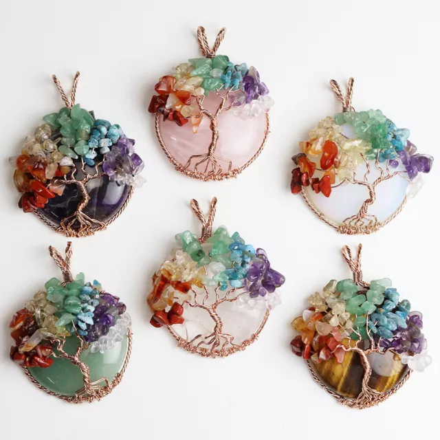 Natural Crystal Quartz Pendant Tree of life Wire Wrapped Chakra Healing Amulet