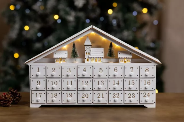 Christmas Wooden Advent Calendar Decoration Village LED Countdown 24 Drawers