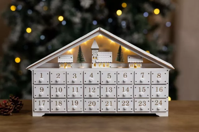 Weihnachten Holz Adventskalender Dekoration Dorf LED Countdown 24 Schubladen