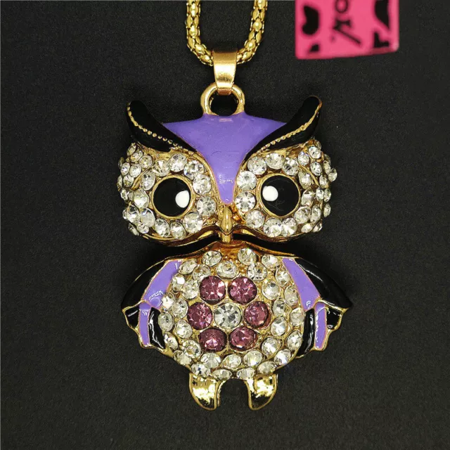 New Purple Shiny Crystal Enamel Owl Animal Pendant Fashion Women Chain Necklace