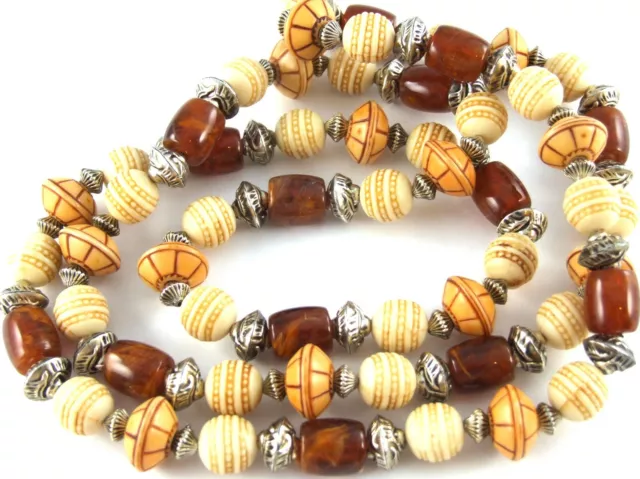 Vintage 1970s Long Shades of BROWN Ethnic Theme Plastic Bead Plastic NECKLACE