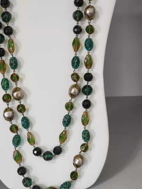 Antique Bead Green &Blue Gripoix Poured & Molded Glass Vintage Necklace Stunning 3