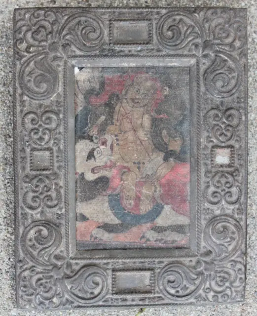 Old Antique Tibetan Thangka Painting In Metal Picture Frame