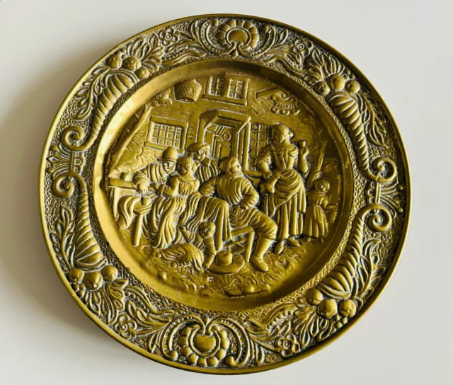 Vintage Large Repousse Brass Wall Plate FAMILY DINNER Peerage made in England