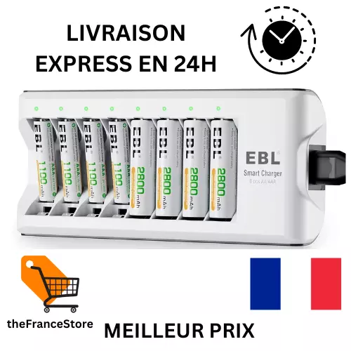 Chargeur de Piles 8 Slots, avec 4PCS Piles Rechargeables AA 2800mAh et 4PCS AAA