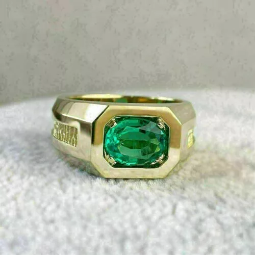 2Ct Oval Cut Natural Emerald Solitaire Men's Wedding Band 14k Solid Yellow Gold