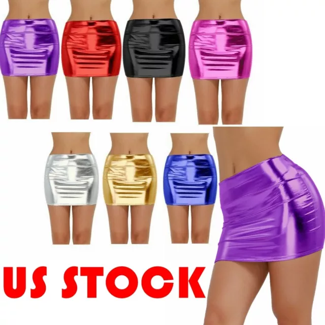 US Women Mini Skirt Shiny Metallic Wet look Body-con Party Short Dress Clubwear