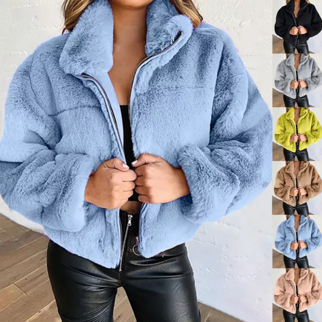 Women Faux Fur Fluffy Coat Teddy Bear Fleece Jacket Zipper Winter Warm Outwear