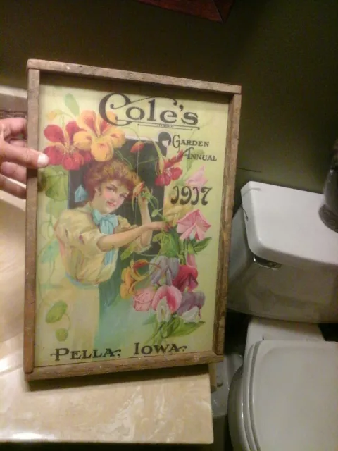 1917 Coles Garden Annual Flowers Seed Catalogue Advert. On Old Wood 17" X 12"
