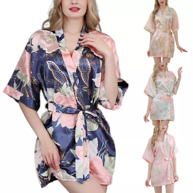 Women's Satin Bathrobe Silk V Neck 3/4 Sleeve Lightweight Floral Kimono Robe