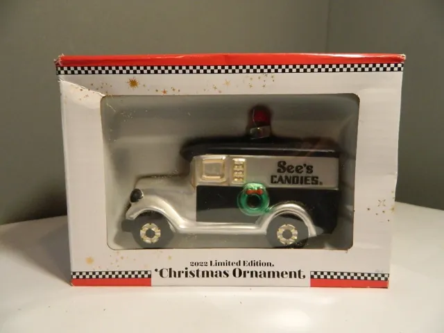 NEW See's Candies Glass Christmas Delivery Truck Ornament 2022 Limited Edition