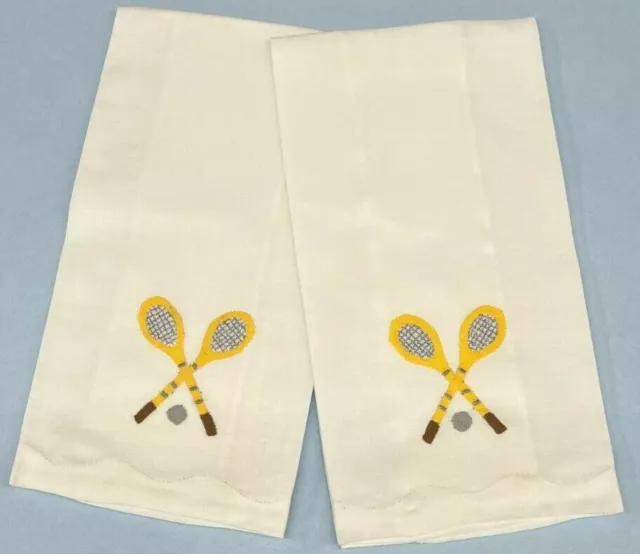 Pair of Hand Embroidered Linen Guest Towels,  Tennis pattern.   Free Shipping!