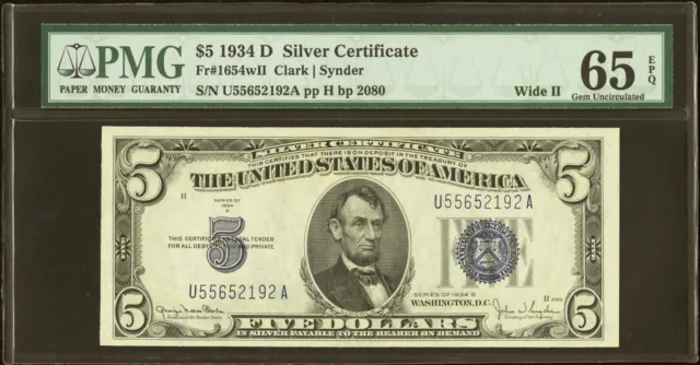 1934D Silver Certificate Wide II Fr#1654WII PMG 65 EPQ - VIVID COLOR