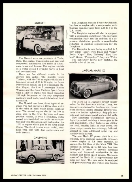 1958 Moretti Coupe Turismo Renault Dauphine Jaguar Mark IX Luxury Sedan Print Ad