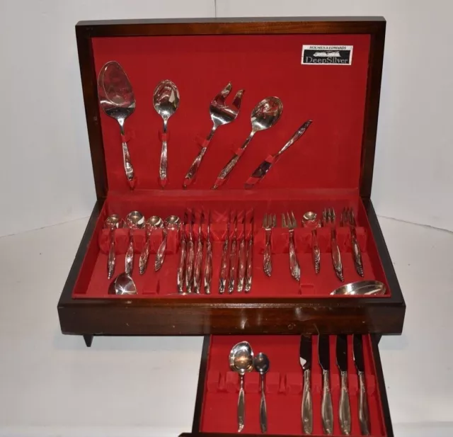 Holmes Edwards Silver Plate Deep Silver WoodSong Flatware Set & Box 67 Pcs MCM