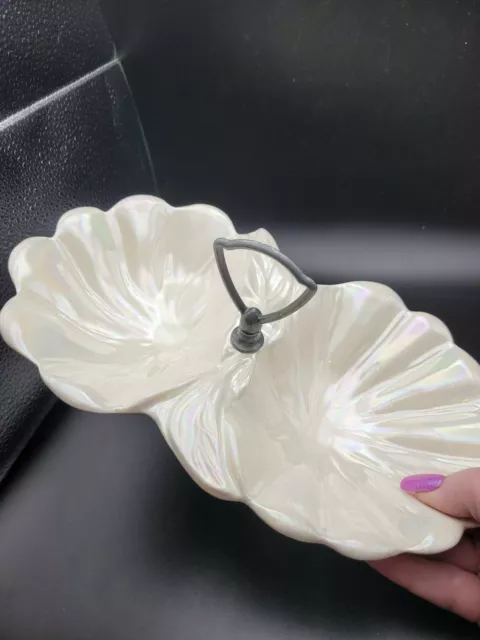 MCM Vintage Cream Luster Double USA Pottery Flower Clam Candy Dish w Handle