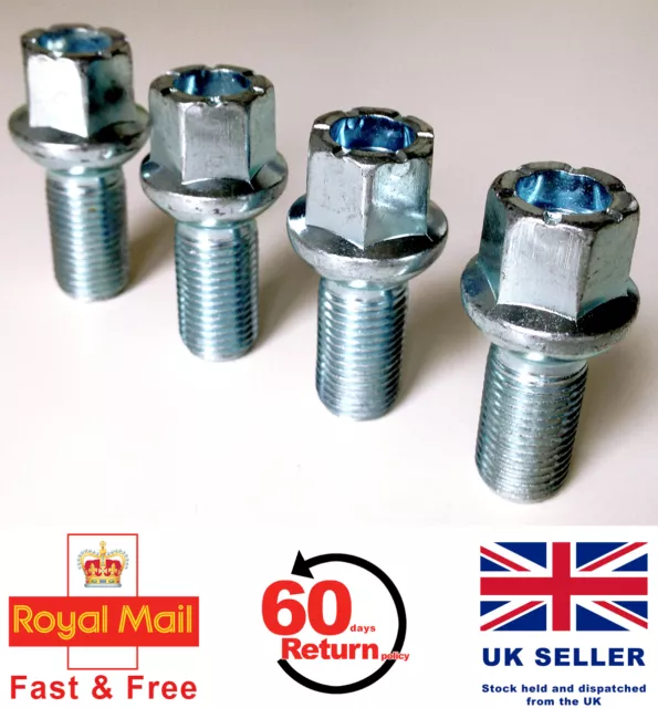 4 x Alloy wheel bolts. M14 x 1.5 Radius Seat 27mm Thread Length for Audi