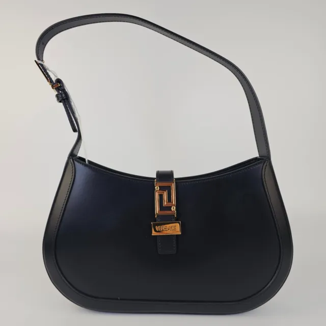 Versace Greca Goddess Large Black Leather Shoulder Bag New SS24