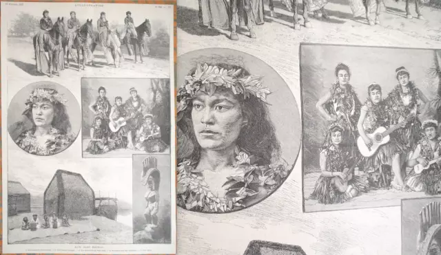 1893 Feb 18, L'illustration ~ Pau Riders, Ukulele Wahine, Hula Hale, etc~ HAWAII