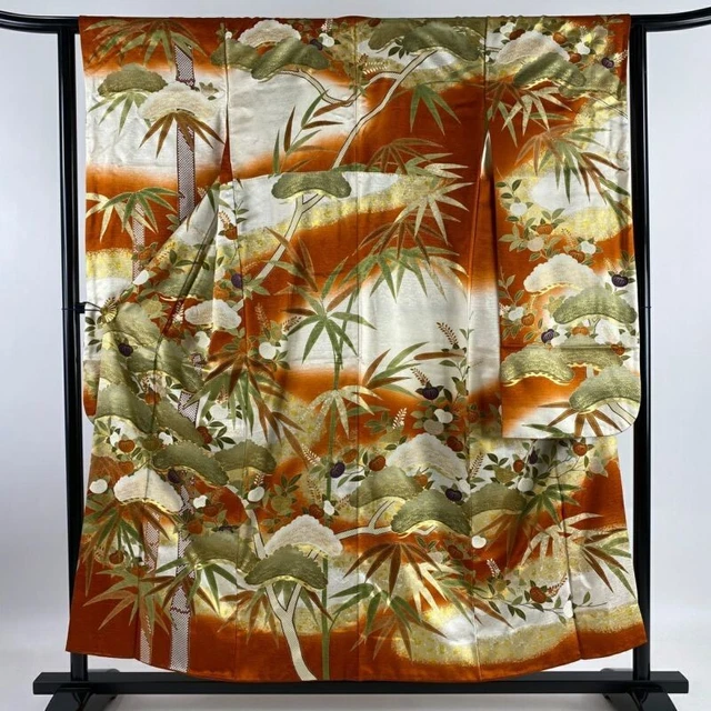 Woman Japanese Kimono Furisode Silk Pine Tree Tachibana Gold Foil Orange