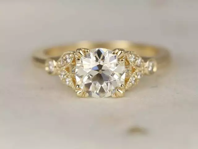 Delicate Floral Art Deco Engagement Ring 1.20Ct Round Diamond 14K Yellow Gold GP