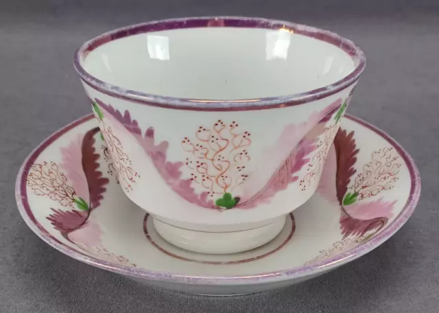 British Pink Luster Leaves 709 Bone China Tea Bowl & Saucer Circa 1820-1840s
