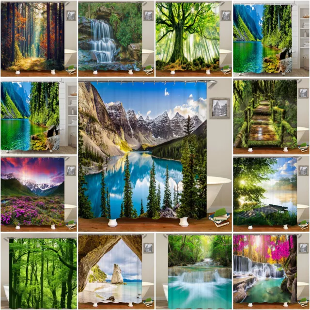 3D Nature Scenery Waterproof Shower Curtain Extra Long Fabric Bath Curtain Hooks