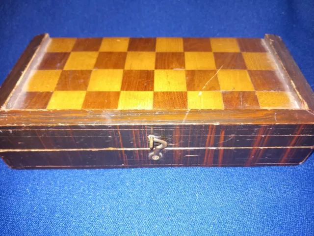 Antique Wooden Fold Over Games Box Inlaid Marquetry Top, Chess Etc