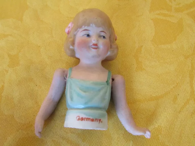 2.75” Antique German Porcelain Half 1/2 Doll Little Girl Child Jointed Arms