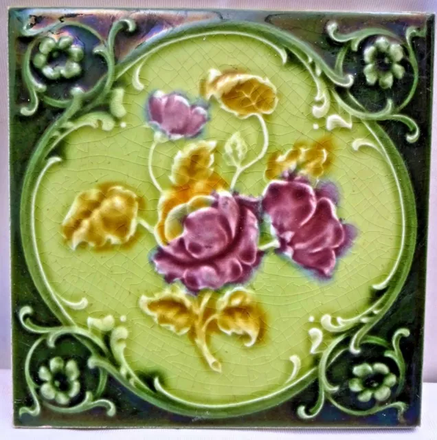 Antique Tile Majolica Rose Purple Art Nouveau England Floral Architecture "123