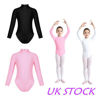 UK Girls Long Sleeve Turtle Neck Bodysuit Ballet Dance Leotard Unitard Dancewear