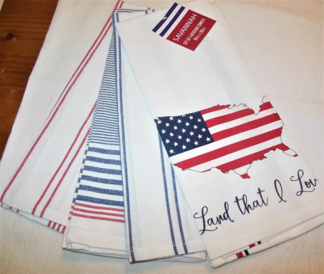 Kitchen Dish Towels 4Th Of July American Flag Patriotic Red White Blue New Set 4