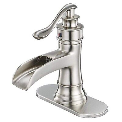 Brushed Nickel Waterfall Bathroom Sink Vanity Faucet Single Handle 3 hole Mixer