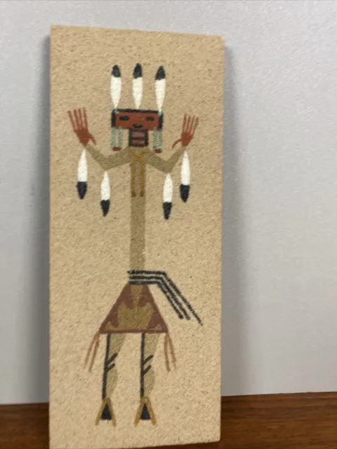 Native American Indian Navajo Sand Painting On Wood Art 10"x4" Note on Back EUC!